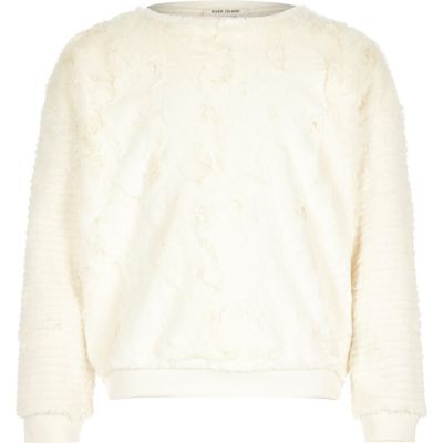 Girls cream faux fur sweatshirt